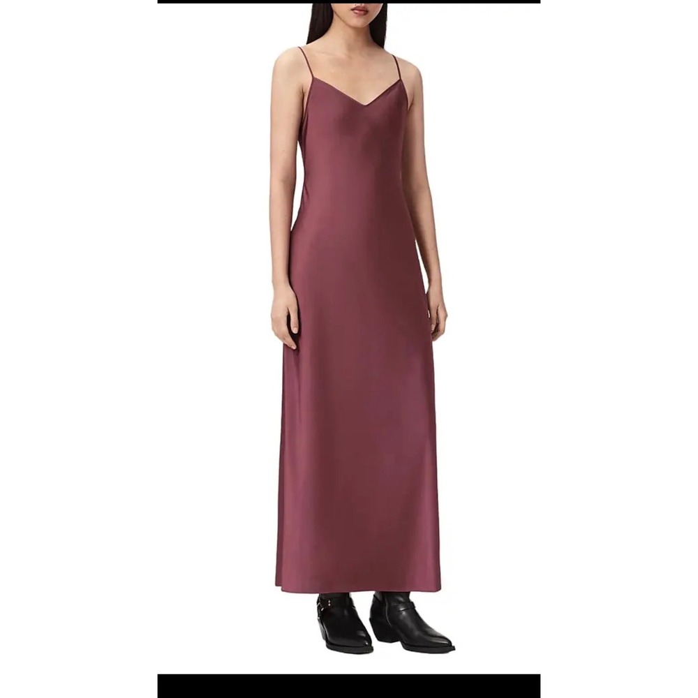All Saints slinky luxury Satin V-Neck chic Midi Slip Dress Adjustable Straps 90s
